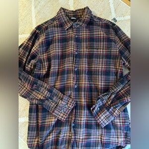 Eddie Bauer Navy Plaid Flannel Shirt with Red & Mustard Accents